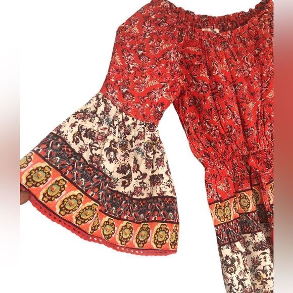 NWT Angie Girls Red Summer Romper Jumpsuit Elastic Neck Waist Wide Long Sleeves - Picture 7 of 8